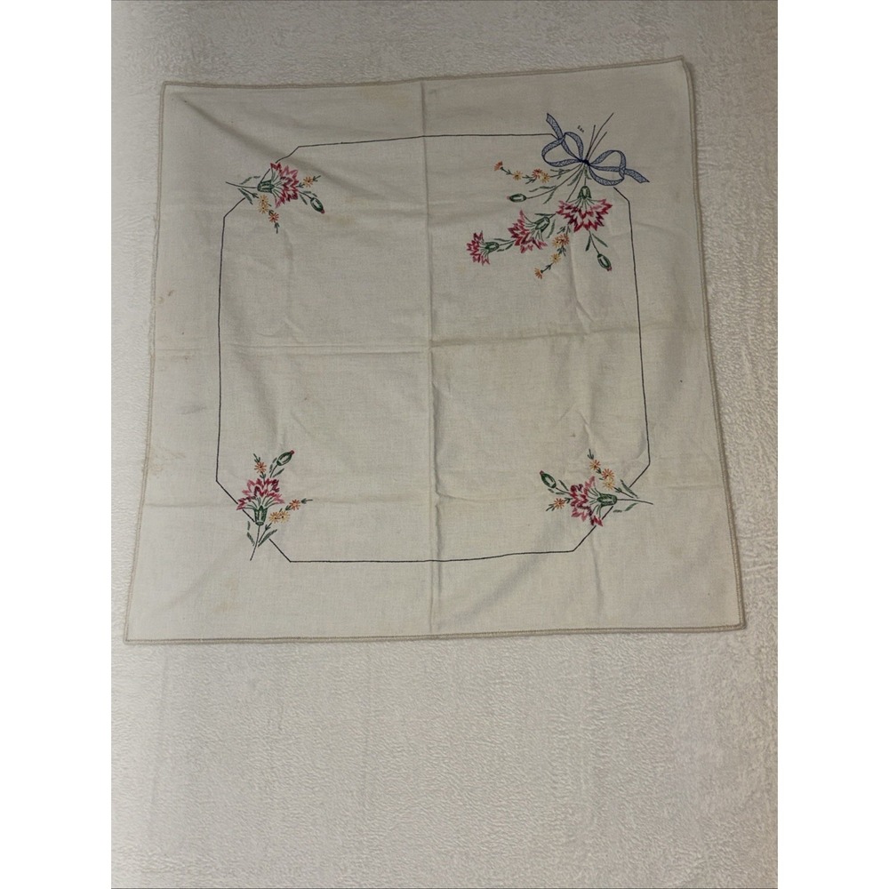 Vintage Hand Embroidered Cross Stitch Linen Tablecloth 31" Square Floral